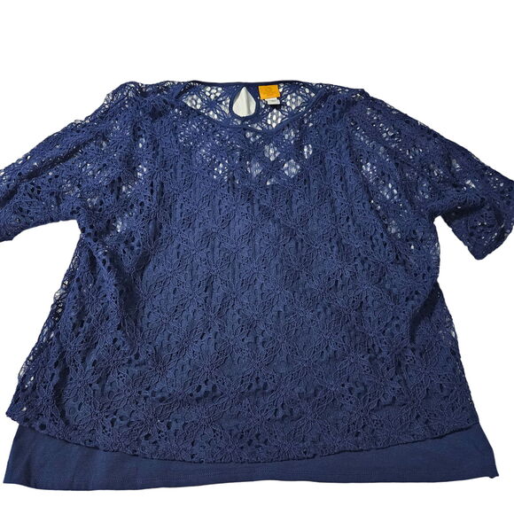 Ruby Rd Blue Size 24W Cotton Blend Crotchet Pullover Stretch Knit Pullover - Picture 1 of 12